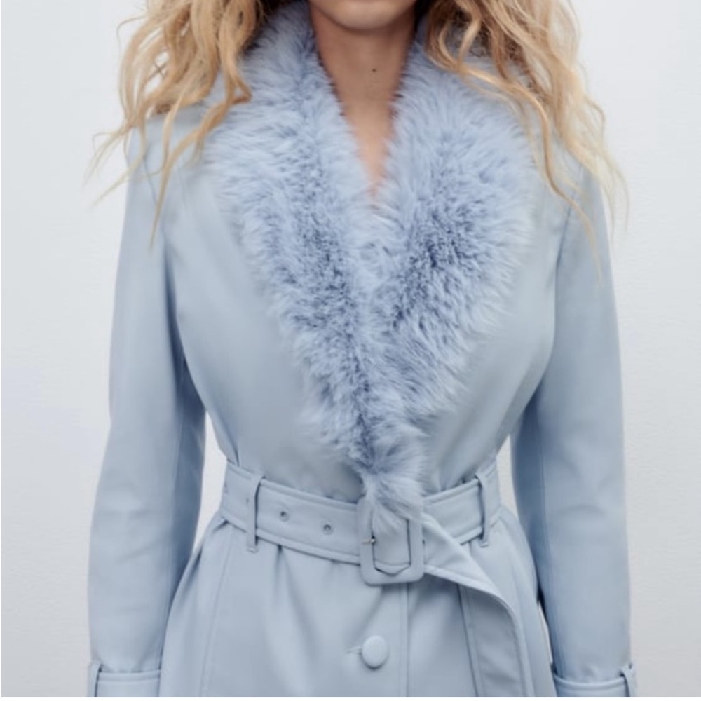 Zara Light Blue Faux Fur-Trim Trench Coat
